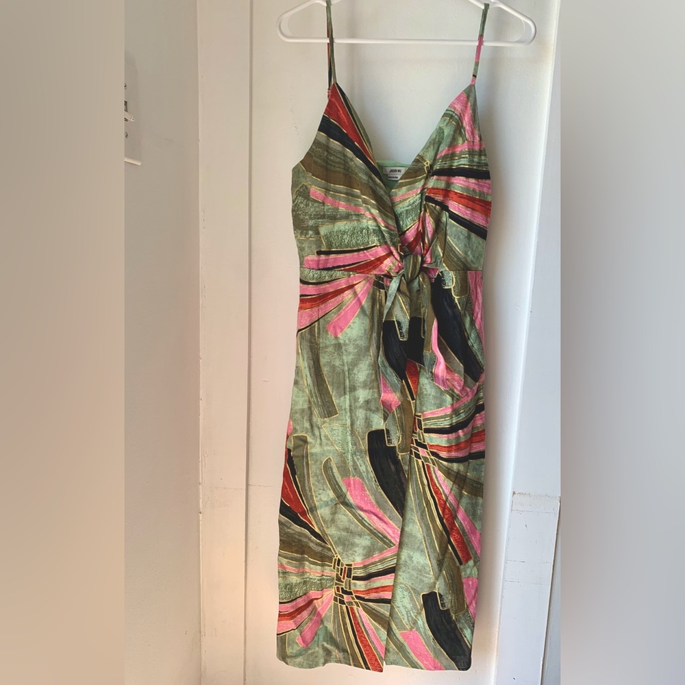Jason Wu Designer 6 Linen Faux Tie Wrap Abstract Green Gold Pink Midi Dress $425